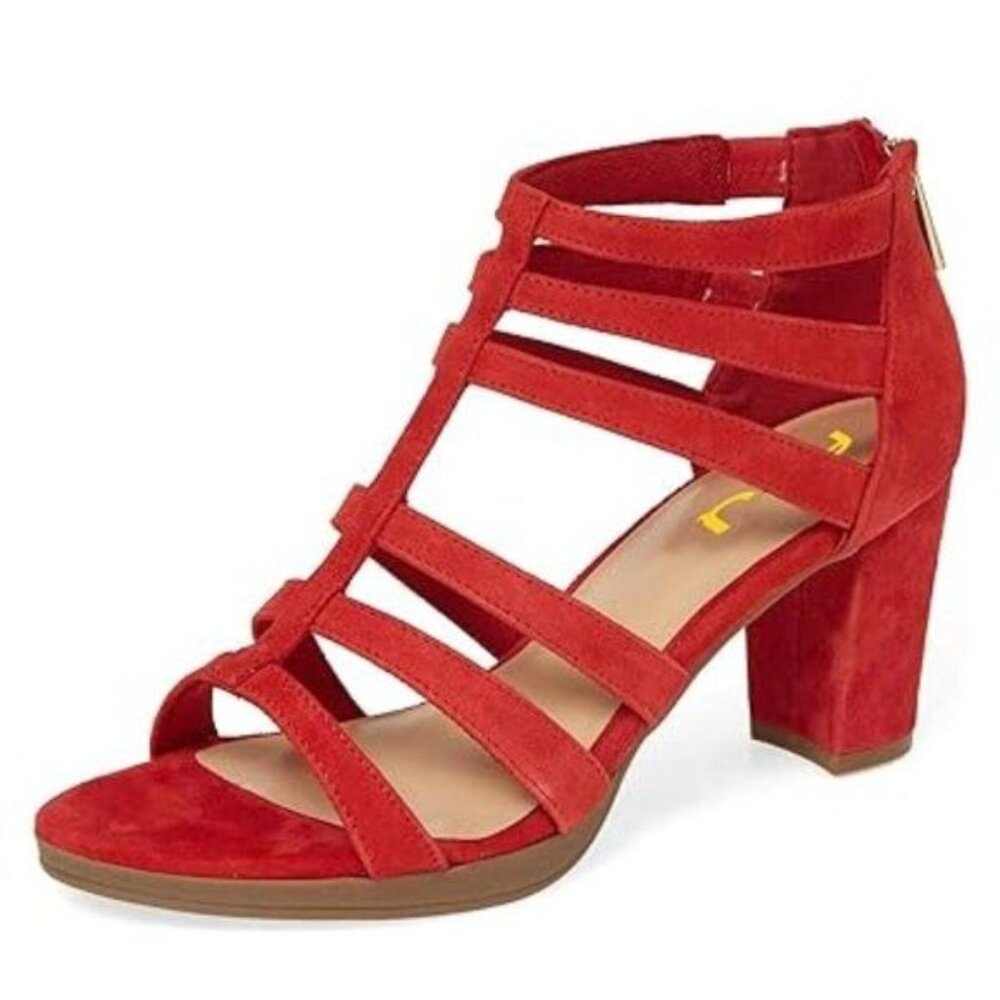 FSJ Women Chunky Mid High Heel Sandals Open Toe T-Strap Pumps Cutout Dress Party